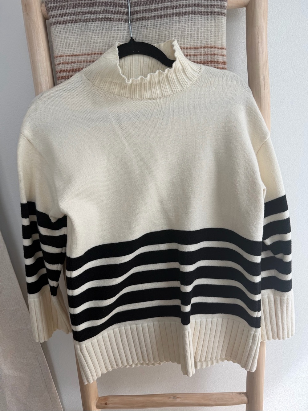 Cream & Black Striped Ruffle Neck Sweater